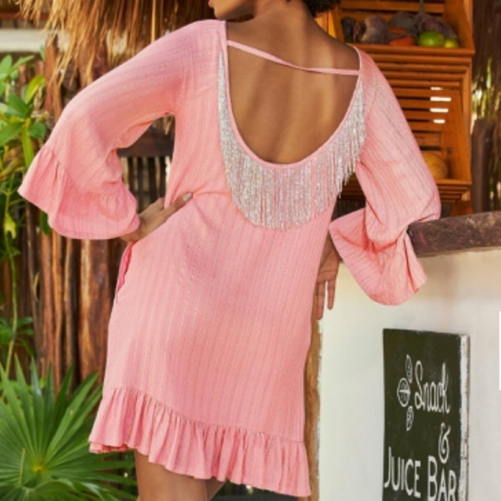 Boston Proper Gold Metallic Stripe Fringe Detail Pink Coastal Open Back Dress S